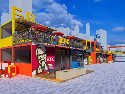 Vibrant Commercial Street With KFC Restaurant Colorful Buildings And Outdoor Seating 3d model