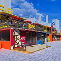 Vibrant Commercial Street With KFC Restaurant Colorful Buildings And Outdoor Seating