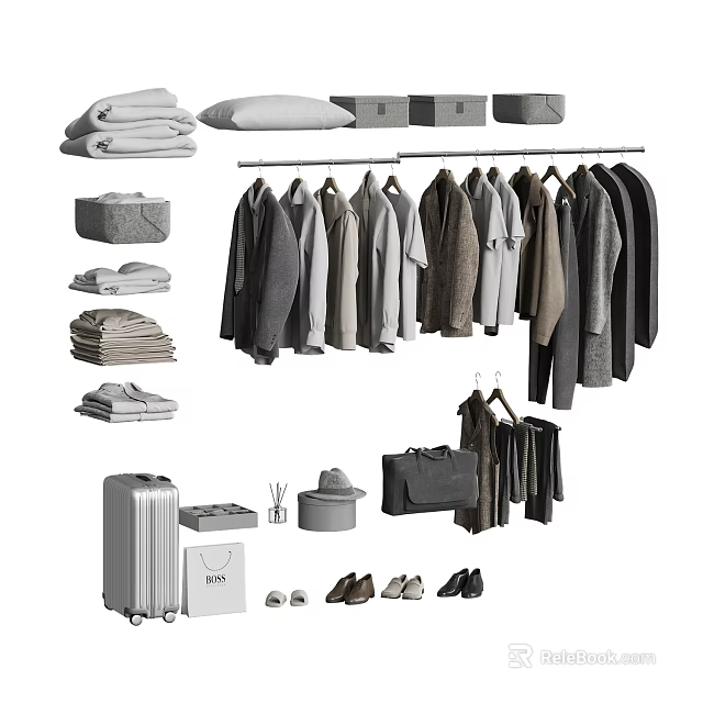 Stylish Clothes Collection With Hanging Coats Folded Shirts Hats Shoes And Suitcase 3d model 