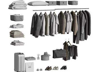 Stylish Clothes Collection With Hanging Coats Folded Shirts Hats Shoes And Suitcase 3d model