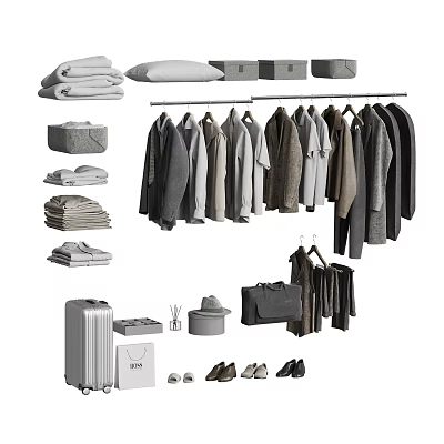 Stylish Clothes Collection With Hanging Coats Folded Shirts Hats Shoes And Suitcase 3d model