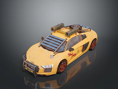 Yellow Modified Sports Car With Roof Mounted Guns Red Wheels And Supers Lettering 3d model
