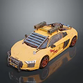 Yellow Modified Sports Car With Roof Mounted Guns Red Wheels And Supers Lettering