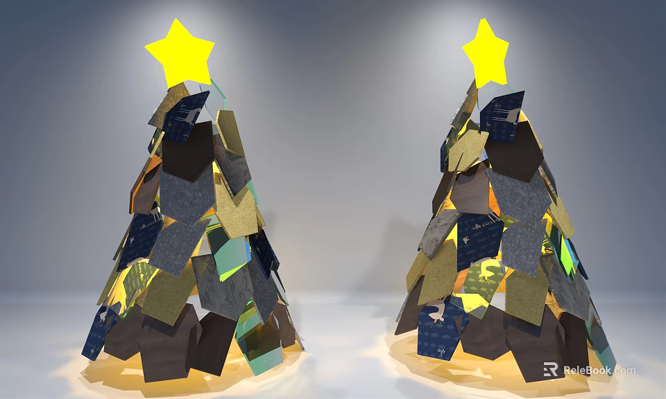 Colorful Christmas Trees Made of Various Colored Pieces With Yellow Stars On Top 3d model 