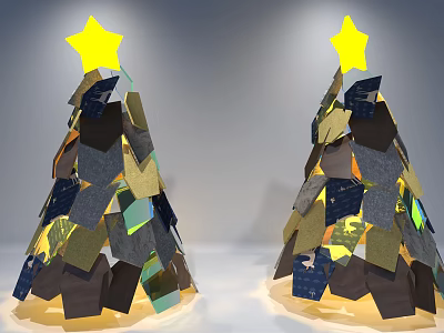 Colorful Christmas Trees Made of Various Colored Pieces With Yellow Stars On Top 3d model