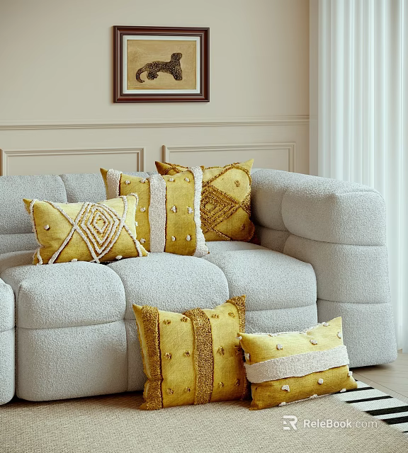 Cozy Modern Yellow Decorative Pillows With Geometric Patterns And Textured Details On Light Gray Sofa In Living Room 3d model 