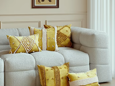Cozy Modern Yellow Decorative Pillows With Geometric Patterns And Textured Details On Light Gray Sofa In Living Room 3d model