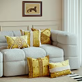 Cozy Modern Yellow Decorative Pillows With Geometric Patterns And Textured Details On Light Gray Sofa In Living Room
