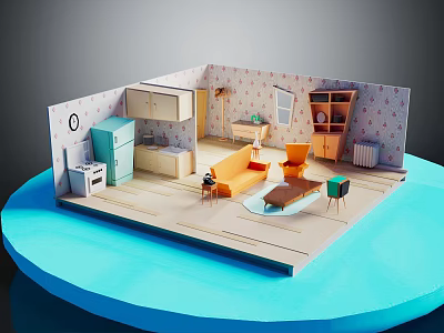 Cartoon Style Room Scene with Furniture Refrigerator Sofa Chairs Bookshelf Table Wall Decor and Window 3d model