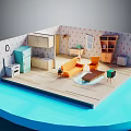 Cartoon Style Room Scene with Furniture Refrigerator Sofa Chairs Bookshelf Table Wall Decor and Window
