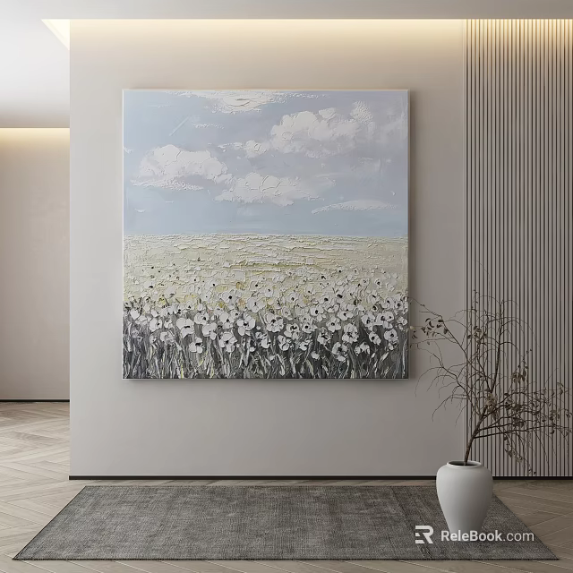 Abstract Painting of Light Blue Sky White Clouds and White Flower Field in Modern Interior 3d model 