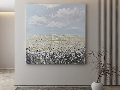 Abstract Painting of Light Blue Sky White Clouds and White Flower Field in Modern Interior 3d model