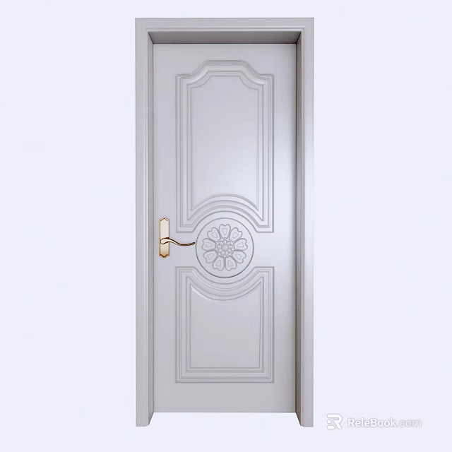 White Hinged Door With Carved Design And Gold Handle Decorative Pattern 3d model