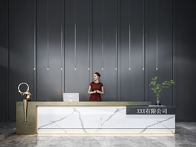 Modern Reception Desk With Marble Countertop Hanging Lights And Potted Plant 3d model