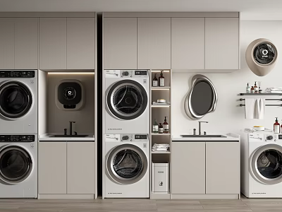 Modern Bathroom Cabinet Rack With Washer Dryer Storage Shelves Mirror And Sink 3d model