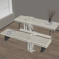 Light Beige Upholstered Sofa Bench With Black Metal Legs Blanket Vase And Magazine
