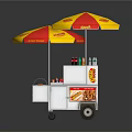 Mobile Food Cart With Red Yellow Umbrellas Bottled Drinks And Food