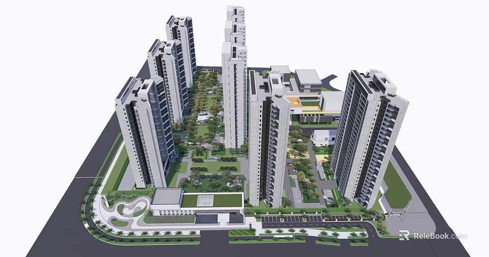 Modern High Rise Residential Community With Green Spaces And Public Facilities Layout 3d model 