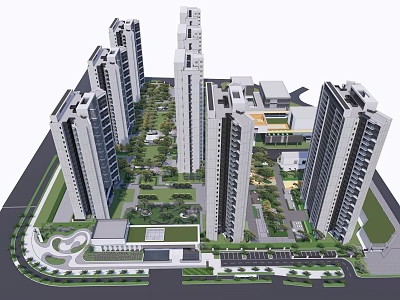 Modern High Rise Residential Community With Green Spaces And Public Facilities Layout 3d model