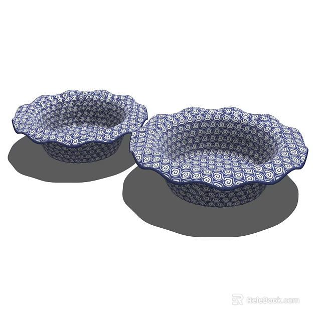 Blue and White Patterned Dinnerware Set with Two Scalloped Edge Bowls 3d model 