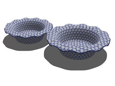 Blue and White Patterned Dinnerware Set with Two Scalloped Edge Bowls 3d model