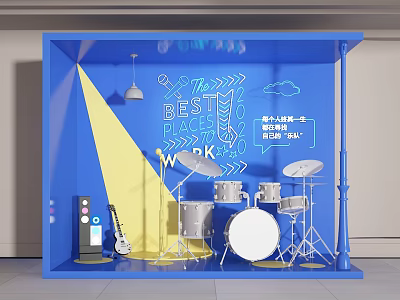 Blue Themed Photo Check-in Spot with BEST FACE WALK Sign Drum Set Guitar Cloud Patterns 3d model