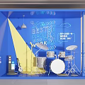 Blue Themed Photo Check-in Spot with BEST FACE WALK Sign Drum Set Guitar Cloud Patterns