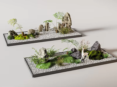 Indoor Miniature Landscape With Rock Formations Green Plants Moss Pebbles And Tray 3d model