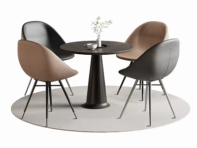 Modern Round Dining Table Set With Black Brown Chairs Metal Legs Light Gray Rug 3d model