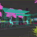 Yellow Geometric Frame Pergola With Red Bear Sculptures And Seats In Urban Park