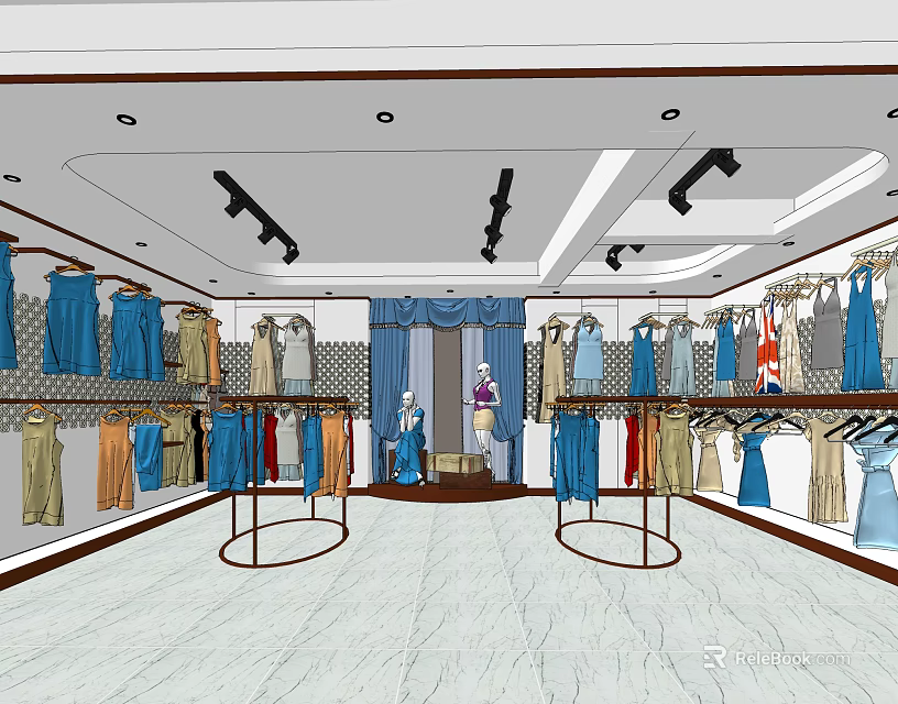 Clothing Store Interior With Various Clothes On Hangers Mannequins And Spotlights 3d model 