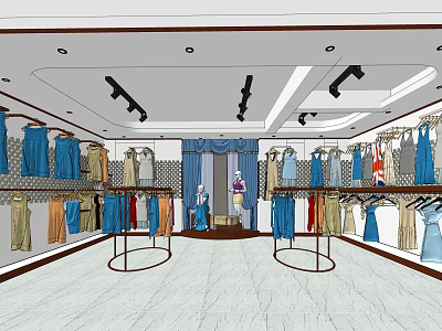 Clothing Store Interior With Various Clothes On Hangers Mannequins And Spotlights 3d model