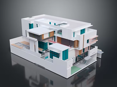 Modern Single Family House With Multi Level Structure Glass Windows Blue Accents And Terrace 3d model