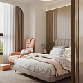 Modern Hotel Guest Room With Wooden Accent Wall Orange Armchair Ottoman Window Curtains And Bed