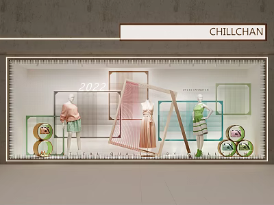 Chillchan 2022 Store Window Display with Mannequins In Stylish Clothing And Geometric Frames Circular Decor 3d model
