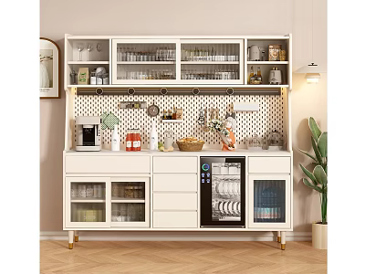 Modern White Sideboard With Glass Doors Drawers And Tableware On Shelves 3d model