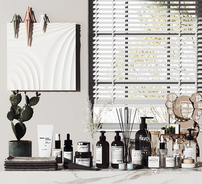 Minimalist Natural Perfumes And Cosmetics With Skincare Bottles Aromatherapy Green Plants And Elegant Decor 3d model 