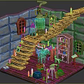 Cartoon Fantasy Scene With Stone Walls Wooden Stairs Green Contraption Candles Bookshelf And White Cat