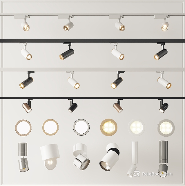 Modern Downlights And Spotlights With Various Styles In Black White Colors And Track Design 3d model 