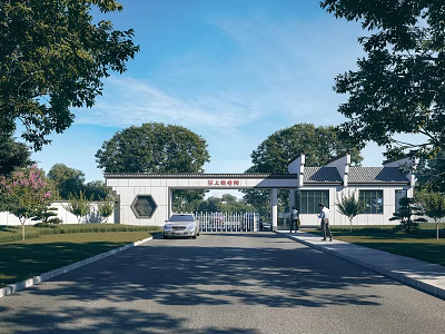 Elegant Entrance Gate Design With Gray Roof White Walls And Green Trees Along Driveway 3d model