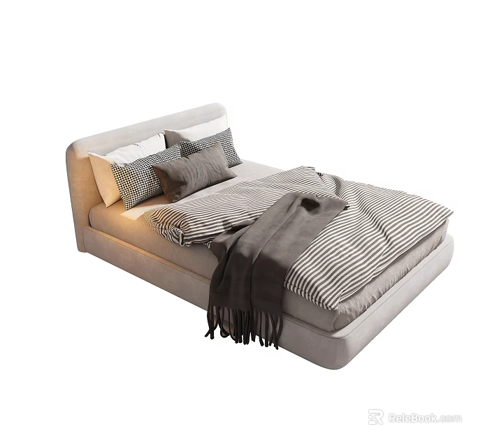 Cozy Single Bed With Light Gray Headboard Striped Bedding Gray Blanket And Soft Pillows 3d model 