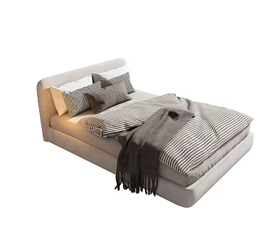 Cozy Single Bed With Light Gray Headboard Striped Bedding Gray Blanket And Soft Pillows 3d model