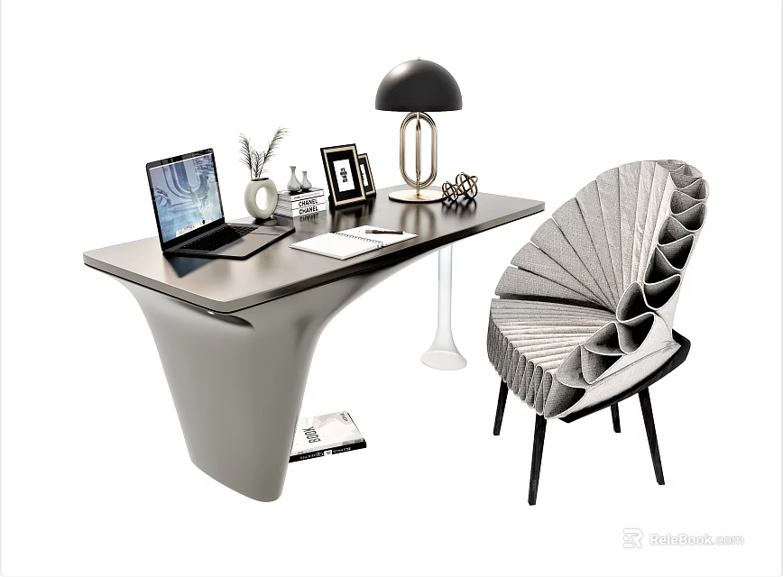 Modern Stylish Desk Design With Laptop Table Lamp Photo Frame And Sculptural Chair 3d model 