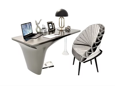 Modern Stylish Desk Design With Laptop Table Lamp Photo Frame And Sculptural Chair 3d model