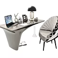 Modern Stylish Desk Design With Laptop Table Lamp Photo Frame And Sculptural Chair