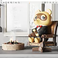 Plush Bear Doll Sitting On Decorative Chair Wearing Suit Bow Tie Near Fireplace With Fire