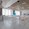Modern Classroom With Wooden Walls White Tables Wheeled Chairs Tablets And Large Screens