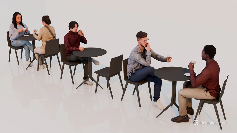 People Seated At Round Tables Enjoying Coffee In Modern Casual Setting 3d model 