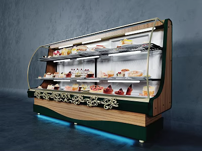 Bakery Dessert Display Shelf With Glass Doors Multiple Layers Wooden Design And Blue LED Lighting 3d model