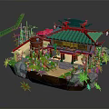 Cartoon Style Chinese Traditional Building Scene with Green Roof Red Decorations Bamboo Rocks and Plants